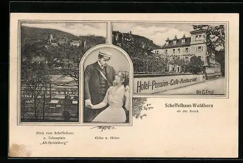 AK Heidelberg, Blick vom Scheffelhaus und Schauplatz, Scheffelhaus Waldhorn, Käthe u. Heinz