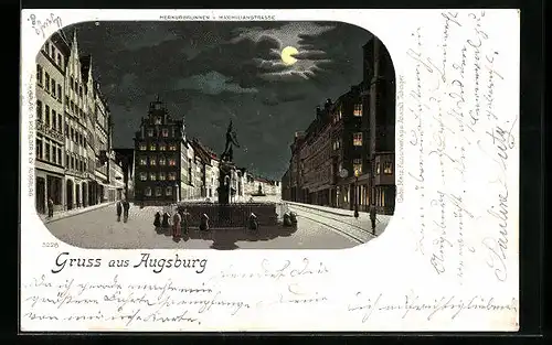 Mondschein-Lithographie Augsburg, Merkurbrunnen und Maximilianstrasse