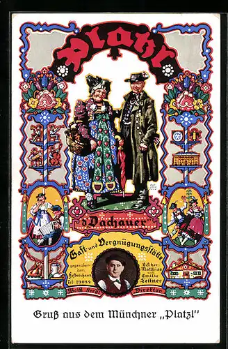 Künstler-AK München, Gasthaus Platzl, Auftritte von d`Dachauer