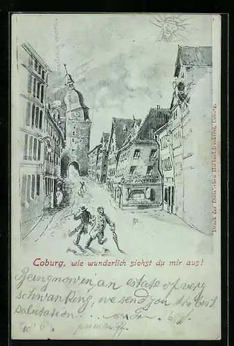 Künstler-AK Coburg, Ort aus der Sicht eines Betrunkenen