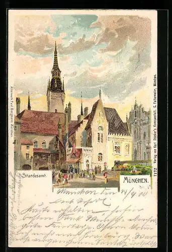 Lithographie München, Standesamt mit Passanten