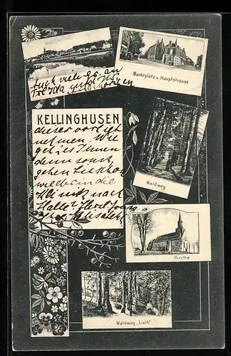 AK Kellinghusen, Marktplatz mit Hauptstrasse, Waldweg Lieth, Kirche