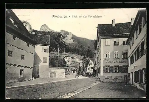 AK Blaubeuren, Blick auf den Fuchsfelsen, Gasthof zum Waldhorn