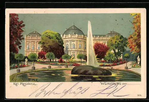 Lithographie Würzburg, Ansicht der Kgl. Residenz