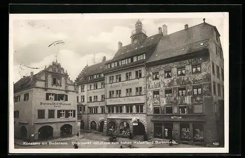 AK Konstanz, Obermarkt mit Haus zum hohen Hafen und Gasthof Barbarossa