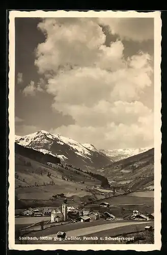 AK Saalbach, Ortsansicht mit Zwölfer, Penhab und Schusterkogel
