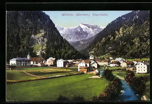 AK Mallnitz /Tauernbahn, Teilansicht mit Bergen