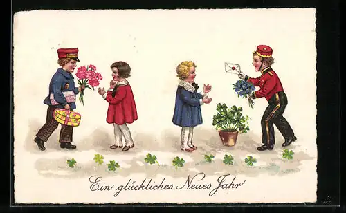 AK Pagen überbringen Mädchen Blumen und Brief, Neujahrsgruss