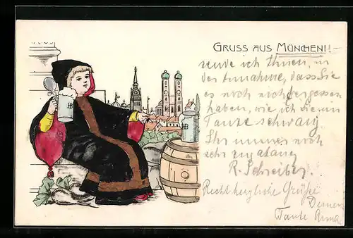 Präge-AK München, Münchner Kindl vor Panorama der Stadt