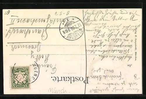 Präge-AK München, Münchner Kindl vor Panorama der Stadt