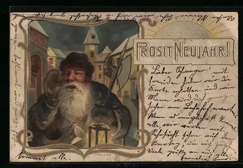 AK Nachtwächter mit Laterne und Hellebarde bei Nacht, Neujahrsgruss