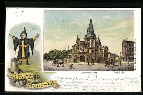 Lithographie München, Gasthaus Löwenbräu-Keller, Münchner Kindl mit Bierkrug