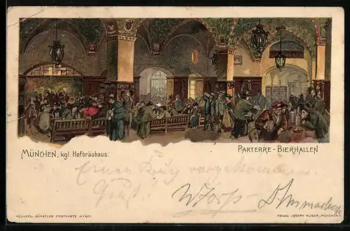 Lithographie München, Münchner Hofbräuhaus, Parterre Bierhallen, Innenansicht