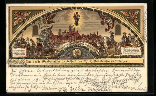 Lithographie München, Das grosse Wandgemälde im Festsaal des Münchner Hofbräuhauses, Teilansicht
