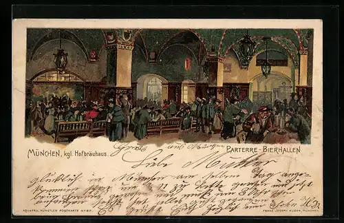 Lithographie München, Münchner Hofbräuhaus, Parterre-Bierhalle, Innenansicht