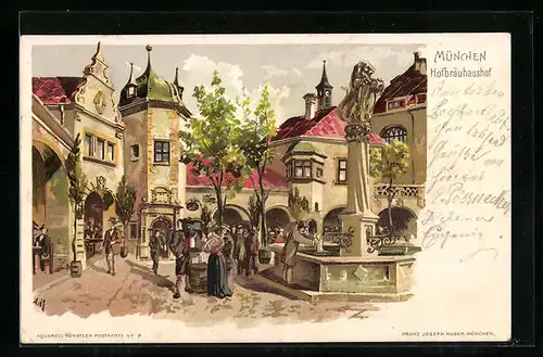 Lithographie München, Münchner Hofbräuhaus, Hof mit Brunnen