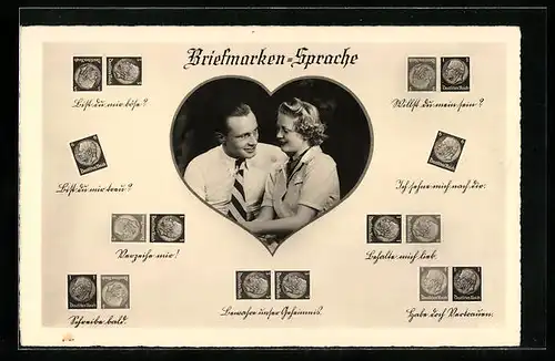 AK Briefmarkensprache, Briefmarken des Deutschen Reiches und deren Bedeutung, Liebespaar in einem Herz