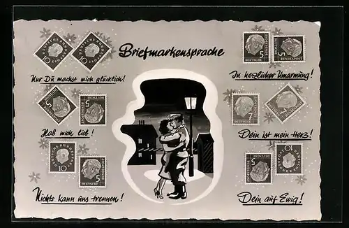 AK Briefmarkensprache Liebespaar umarmt sich