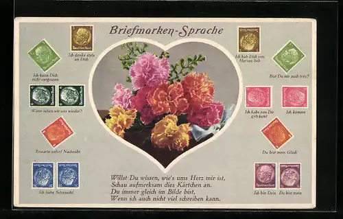 AK Briefmarkensprache, Ich denke stets an Dich, Ich komme, Du bist mein Glück, Nelken im Herz