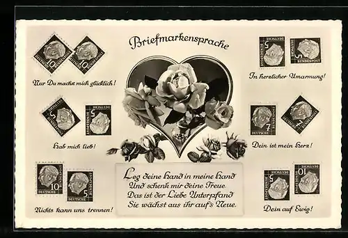 AK Briefmarkensprache, Nur Du machst mich glücklich!, Rosen