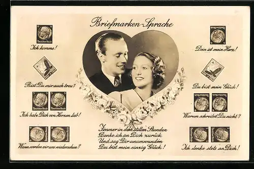 AK Briefmarkensprache: Ich komme & Du bist mein Glück, Liebespaar
