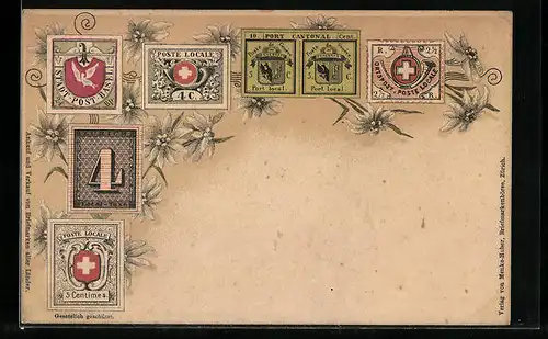 Lithographie Verschiedene Briefmarken der Schweiz, Edelweiss