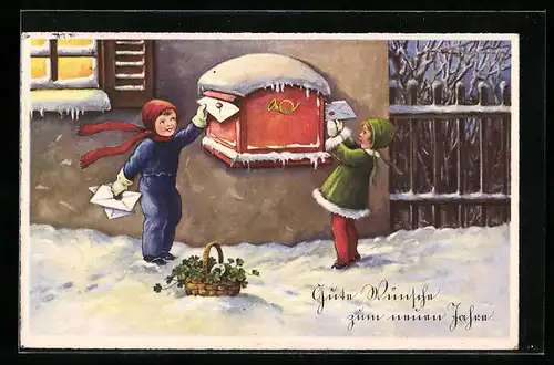 Künstler-AK Kinder werfen Briefe in Postkasten