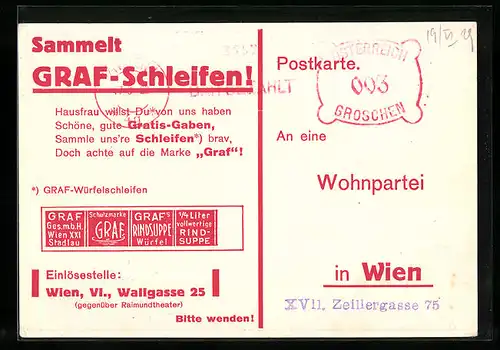 AK Wien, Reklame für Graf-Würfelschleifen, Prämienverzeichnis