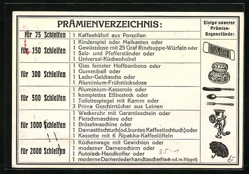 AK Wien, Reklame für Graf-Würfelschleifen, Prämienverzeichnis