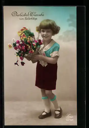 Foto-AK Lepo Nr. 2376 /1: Geburtstagsgruss, Kind mit Blumenstrauss