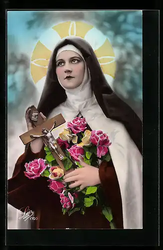 Foto-AK Leo, Paris Nr. 1700: Nonne mit Heiligenschein und Rosen, Kreuz