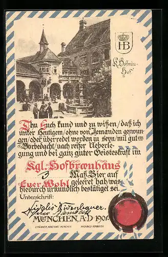 AK Münchner Hofbräuhaus, Strassenpartie, Urkunde