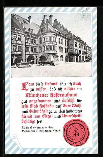 AK Münchner Hofbräuhaus, Gebäudeansicht, Urkunde