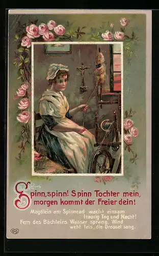 Präge-Lithographie Frau an einem Spinnrad, Blumenmotiv