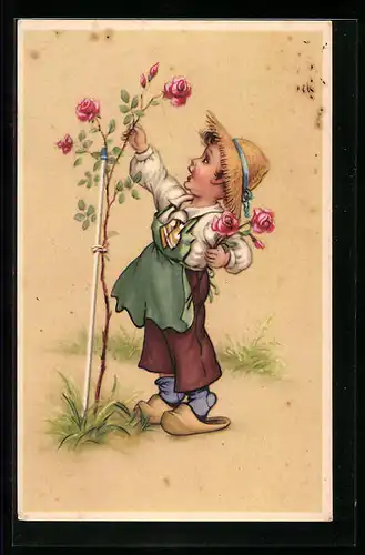 AK Kleiner Gärtner erntet Rosen, Holzschuhe