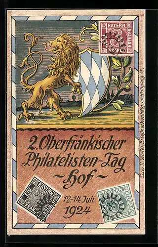 AK Hof, 2. Oberfränk. Philatelisten-Tag 1924, Löwe mit bayr. Wappen, Briefmarken