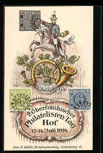 AK Hof, 2. Oberfränk. Philatelisten-Tag 1924, Bote auf Pferd, Posthorn, Briefmarken