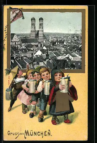 Präge-AK München, Ortspartie, Münchner Kindl und weitere Kinder mit Krügen, Flugdrache