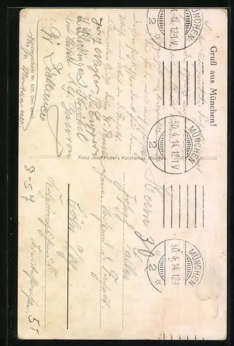 Künstler-AK Münchner Kindl mit Weisswurst und Bretzeln