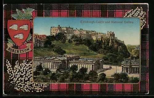 AK Edinburgh, Castle and National Gallery, Wappen von Robertson, Passepartout