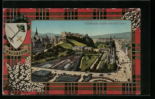 AK Edinburgh, Castle and Old Town, Wappen von Macgregor, Passepartout