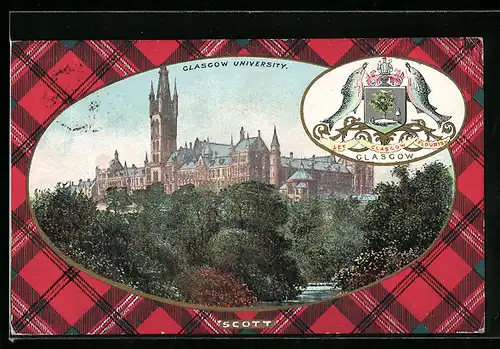 AK Glasgow, University, Wappen, Passepartout