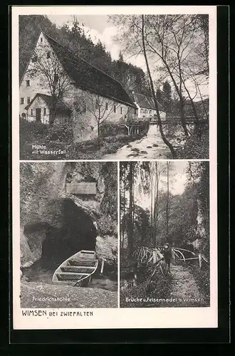 AK Wimsen bei Zwiefalten, Mühle mit Wasserfall, Brücke und Felsennadel, Friedrichshöhe