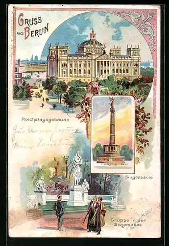 Lithographie Berlin, Reichstagsgebäude, Siegessäule, Gruppe in der Siegesallee