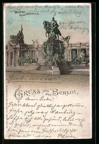 Lithographie Berlin, Denkmal Kaiser Wilhelm der Grosse