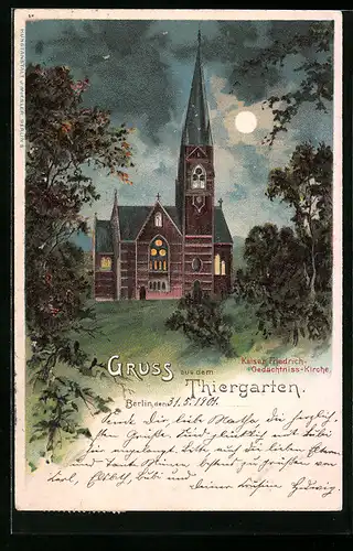 Lithographie Berlin-Tiergarten, Kaiser Friedrich-Gedächtnis-Kirche bei Mondschein