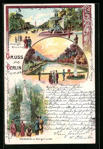 Lithographie Berlin-Tiergarten, Wrangel-Brunnen, Goldfischteich, Denkmal der Königin Luise