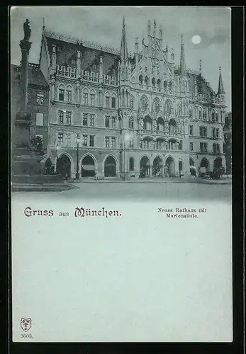 Mondschein-AK München, Neues Rathaus mit Mariensäule