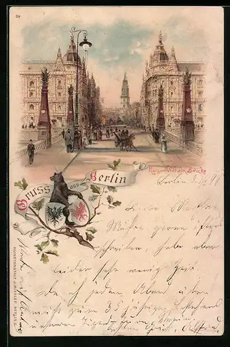 Lithographie Berlin, Kaiser-Wilhelm-Brücke & Kaiser-Wilhelm-Strasse