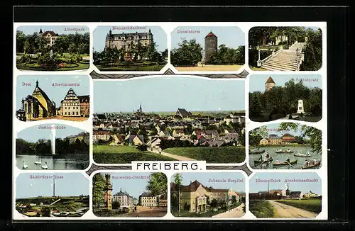 AK Freiberg, Albertpark, Bismarckdenkmal, Schlossplatz, Donatsturm